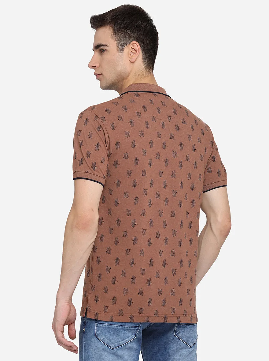 Pecan Brown Printed Slim Fit Polo T-Shirt | Greenfibre