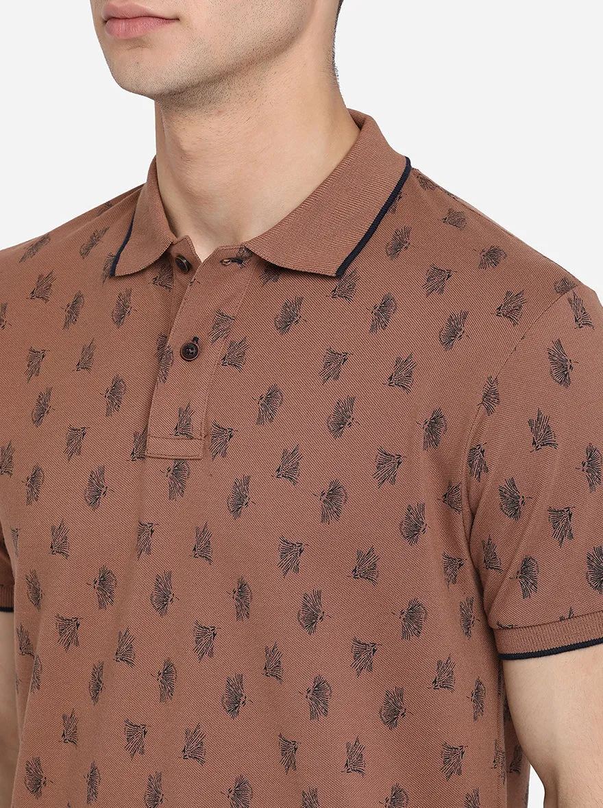 Pecan Brown Printed Slim Fit Polo T-Shirt | Greenfibre
