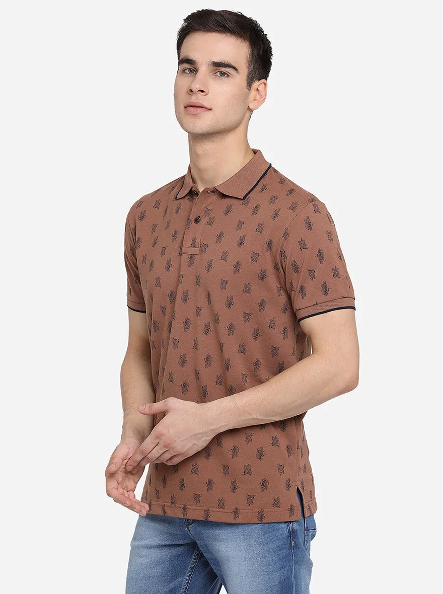 Pecan Brown Printed Slim Fit Polo T-Shirt | Greenfibre