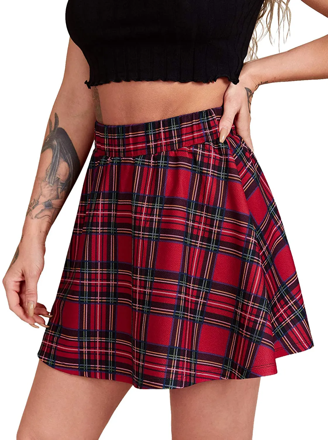SheIn Women's Women's Basic Plaid Flared Mini Skater Skirt