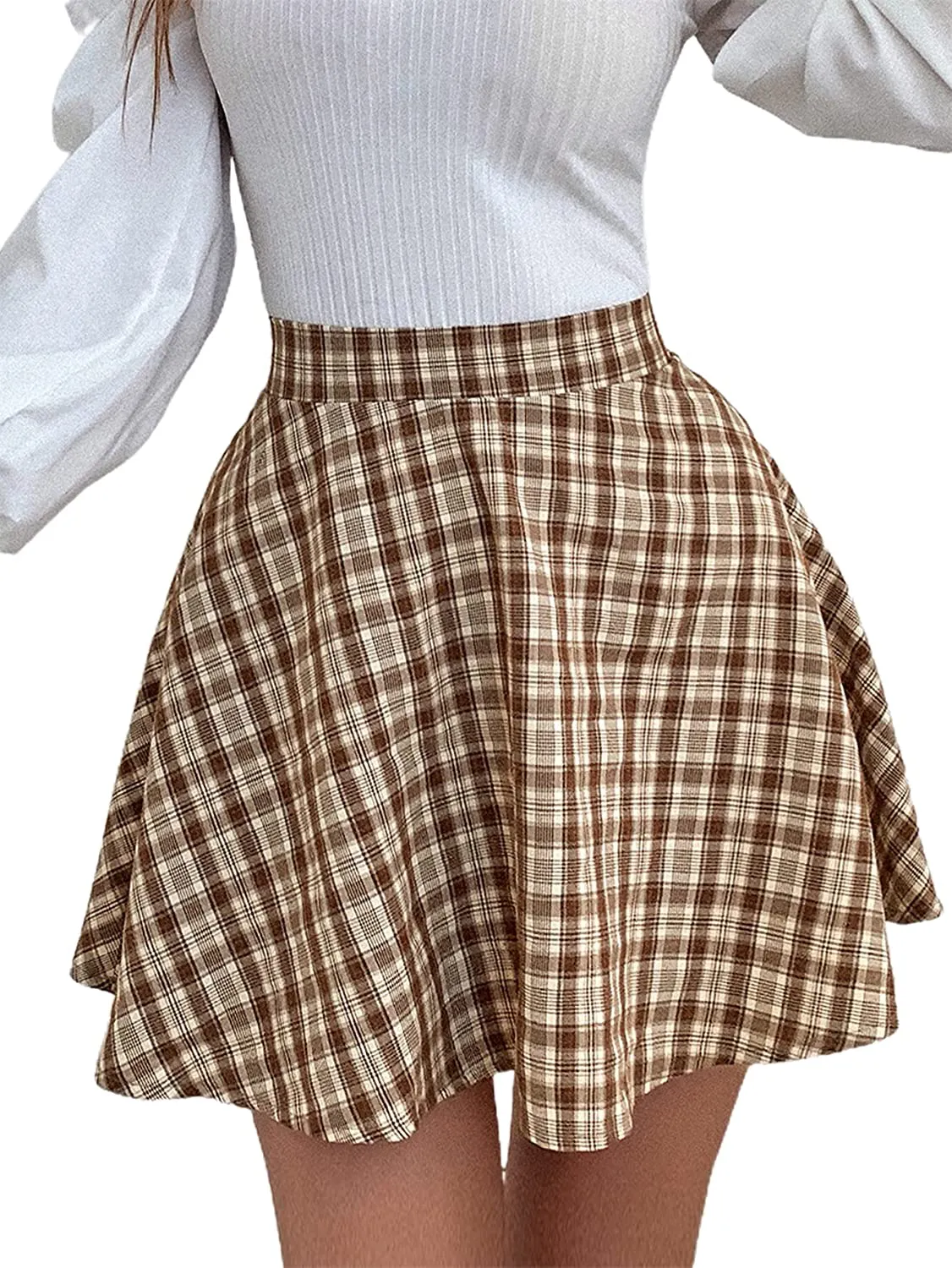 SheIn Women's Women's Basic Plaid Flared Mini Skater Skirt