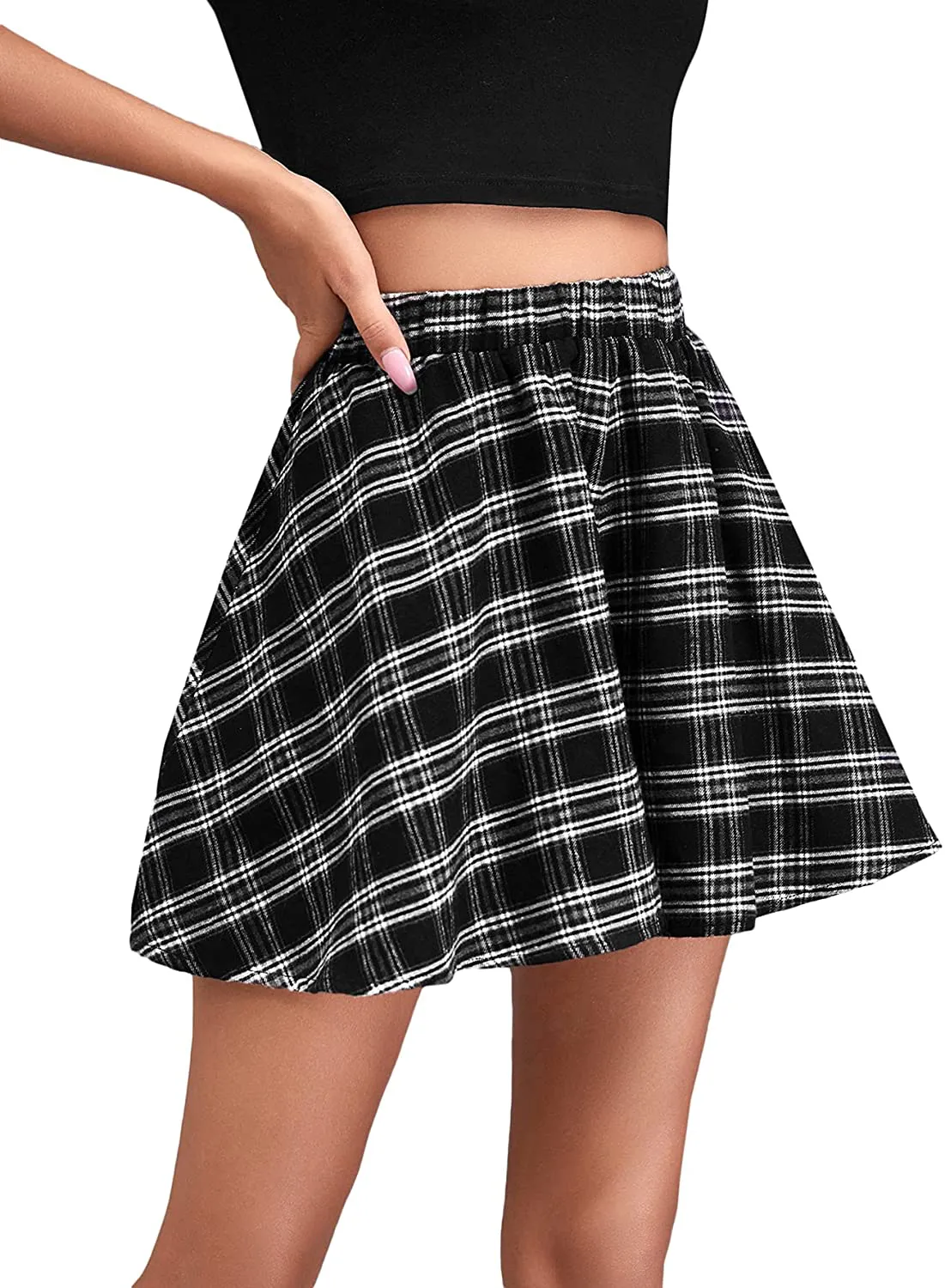 SheIn Women's Women's Basic Plaid Flared Mini Skater Skirt