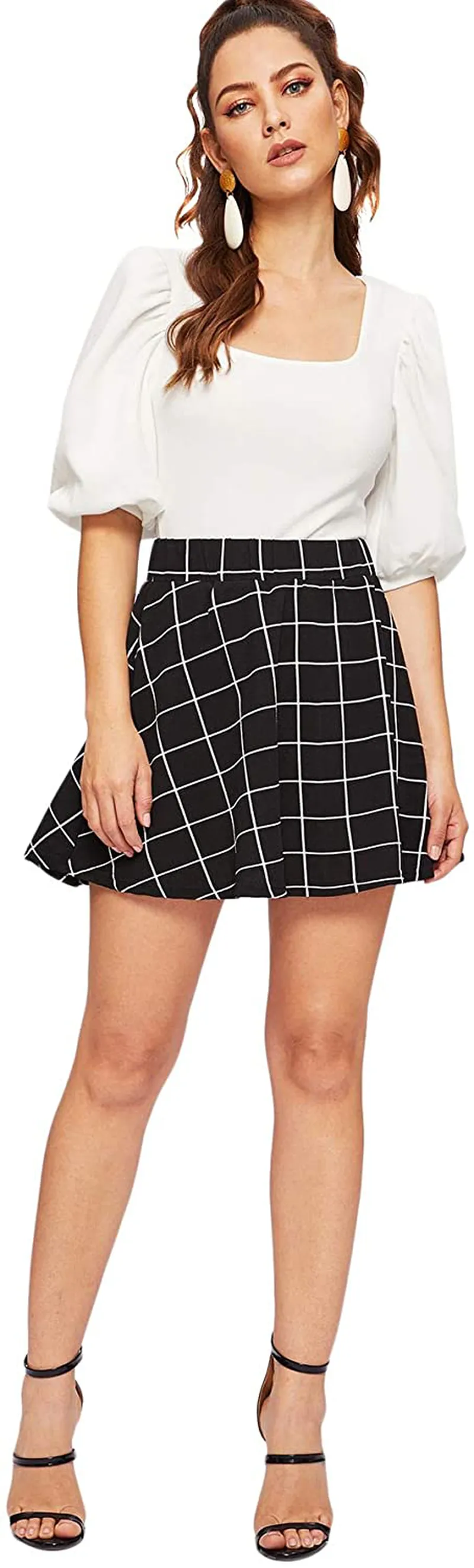 SheIn Women's Women's Basic Plaid Flared Mini Skater Skirt