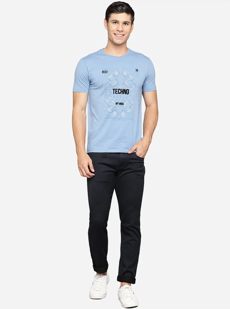 Sky Blue Printed Slim Fit T-Shirt | JadeBlue