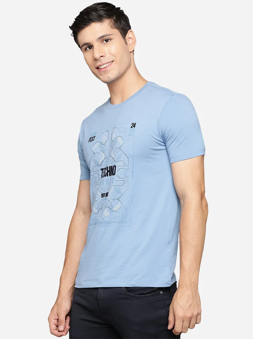 Sky Blue Printed Slim Fit T-Shirt | JadeBlue