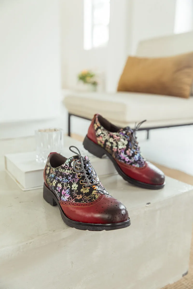 SOFFIA | Brown Floral Print Leather Brogues Oxford