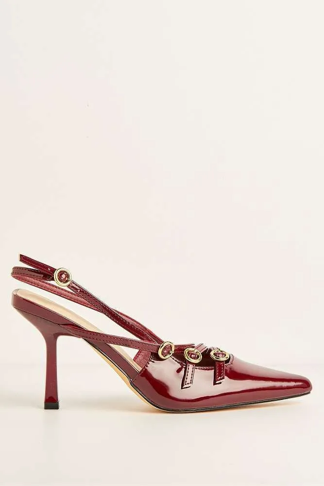 Sonora 3 Buckle Detail Slingback Heeled Court Shoes in Wine