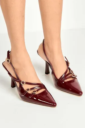 Sonora 3 Buckle Detail Slingback Heeled Court Shoes in Wine