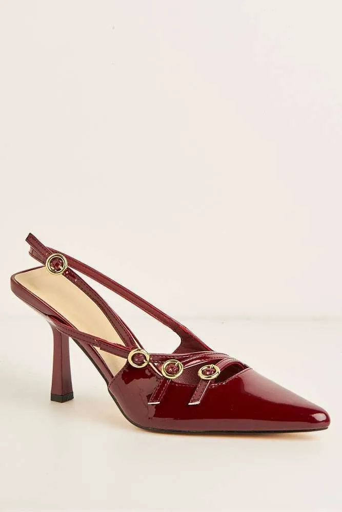 Sonora 3 Buckle Detail Slingback Heeled Court Shoes in Wine