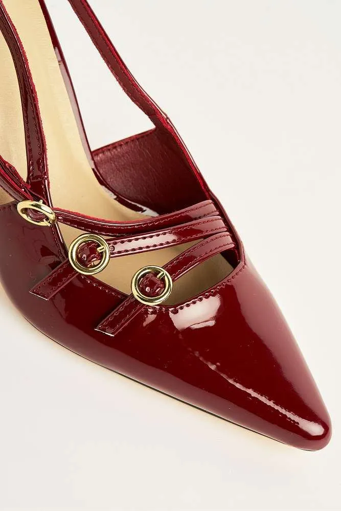 Sonora 3 Buckle Detail Slingback Heeled Court Shoes in Wine