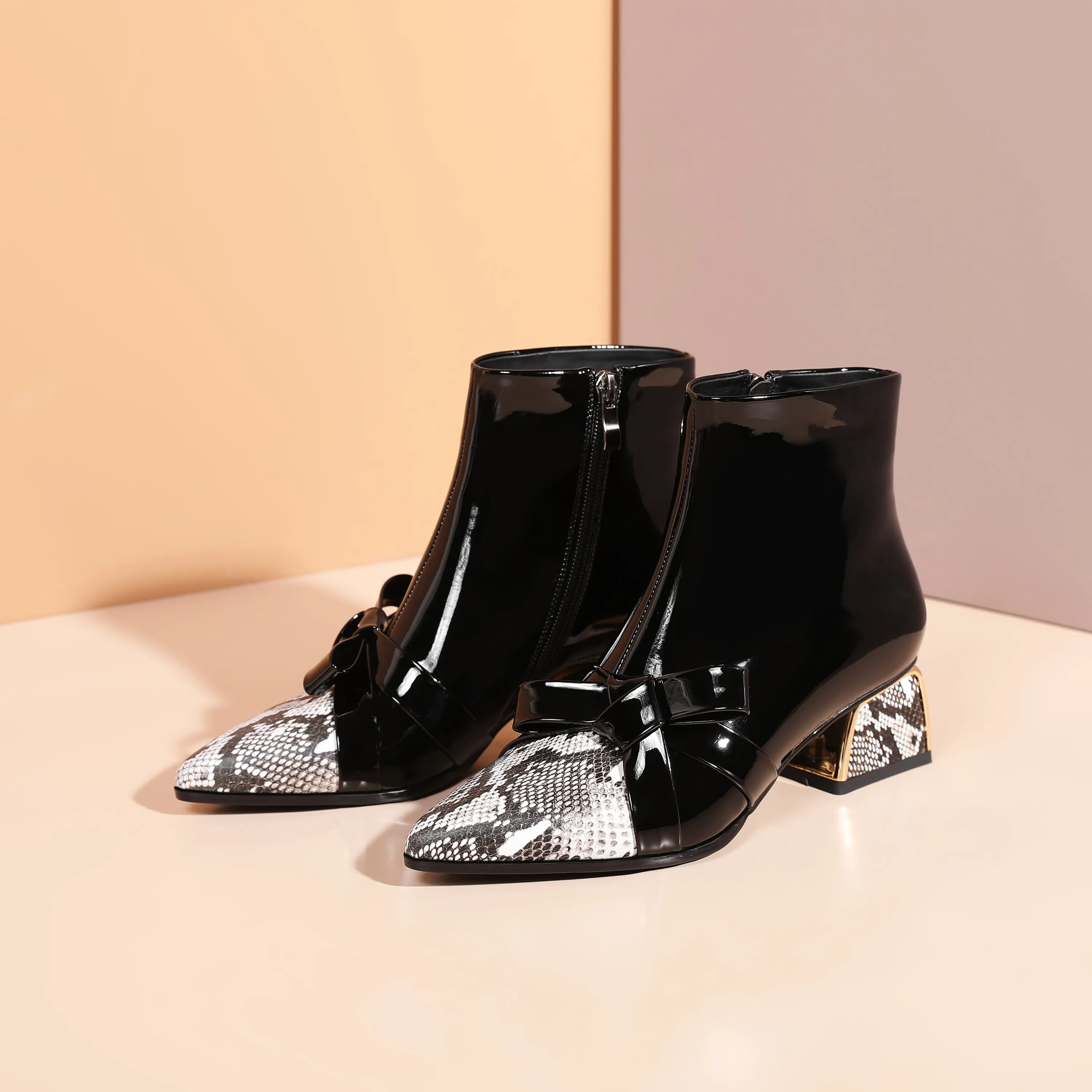 TinaCus Women's Handmade Glossy Patent Leather Side Zip Up Comfort Chunky Heel Bowknot Design Snakeskin Ankle Booties
