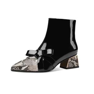 TinaCus Women's Handmade Glossy Patent Leather Side Zip Up Comfort Chunky Heel Bowknot Design Snakeskin Ankle Booties