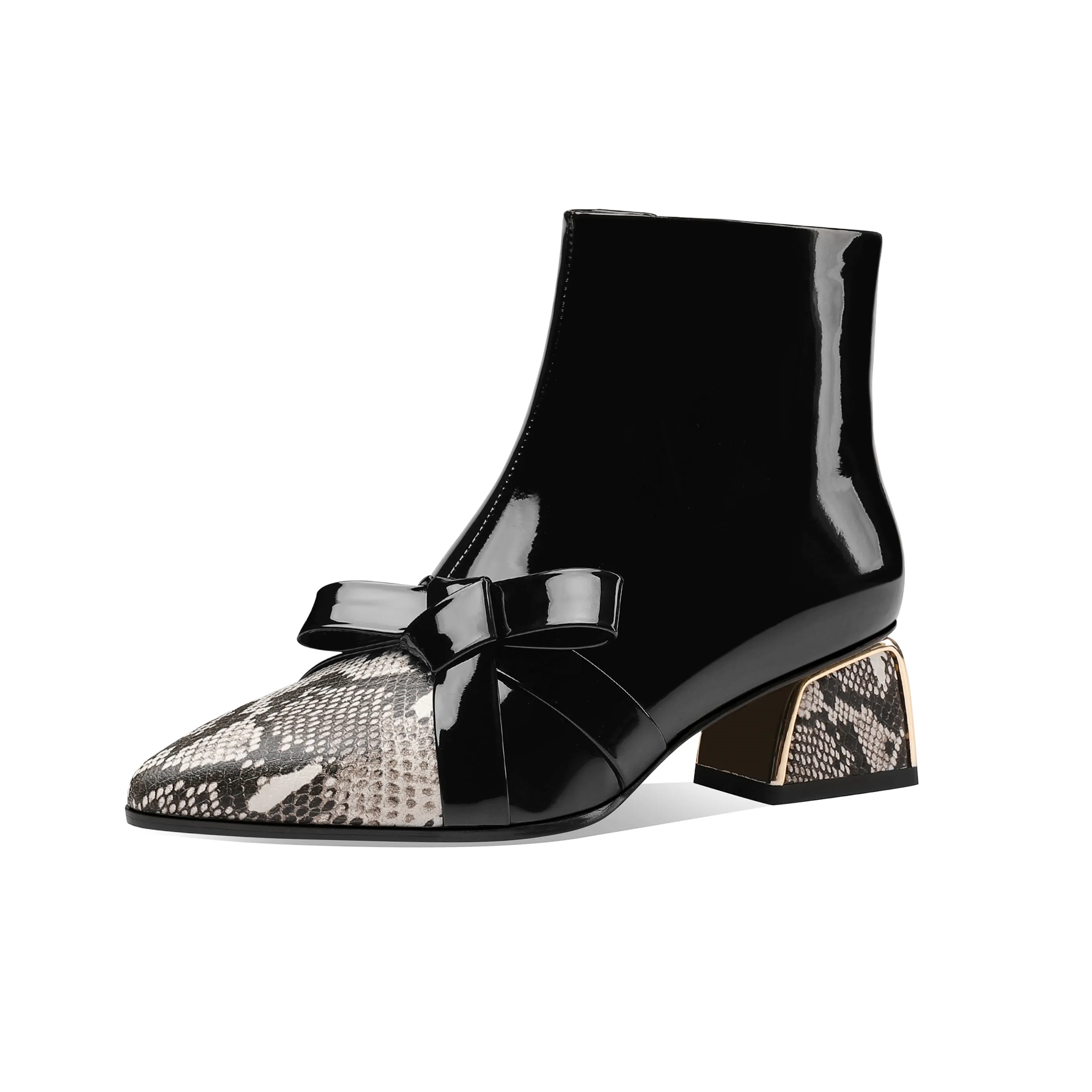 TinaCus Women's Handmade Glossy Patent Leather Side Zip Up Comfort Chunky Heel Bowknot Design Snakeskin Ankle Booties