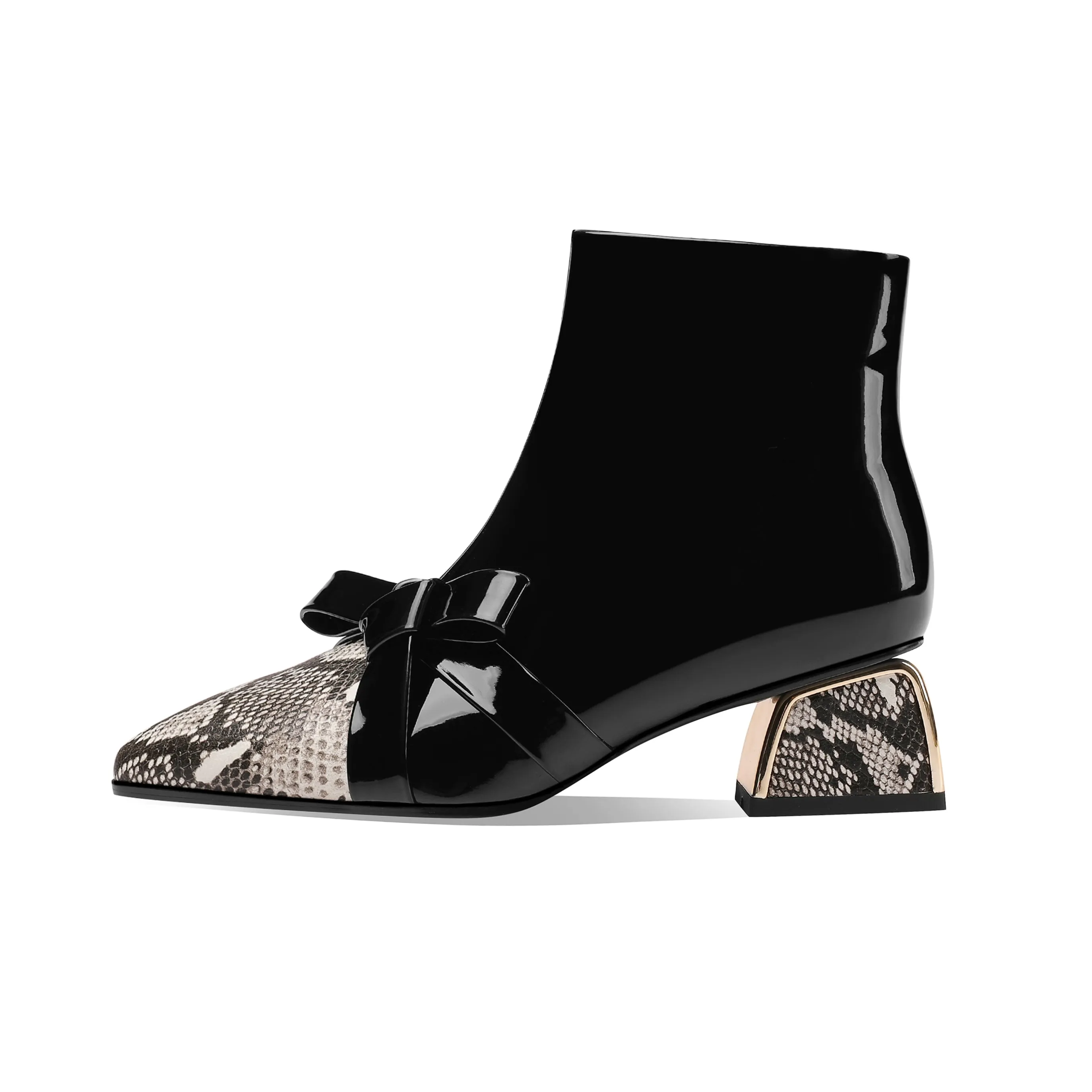 TinaCus Women's Handmade Glossy Patent Leather Side Zip Up Comfort Chunky Heel Bowknot Design Snakeskin Ankle Booties