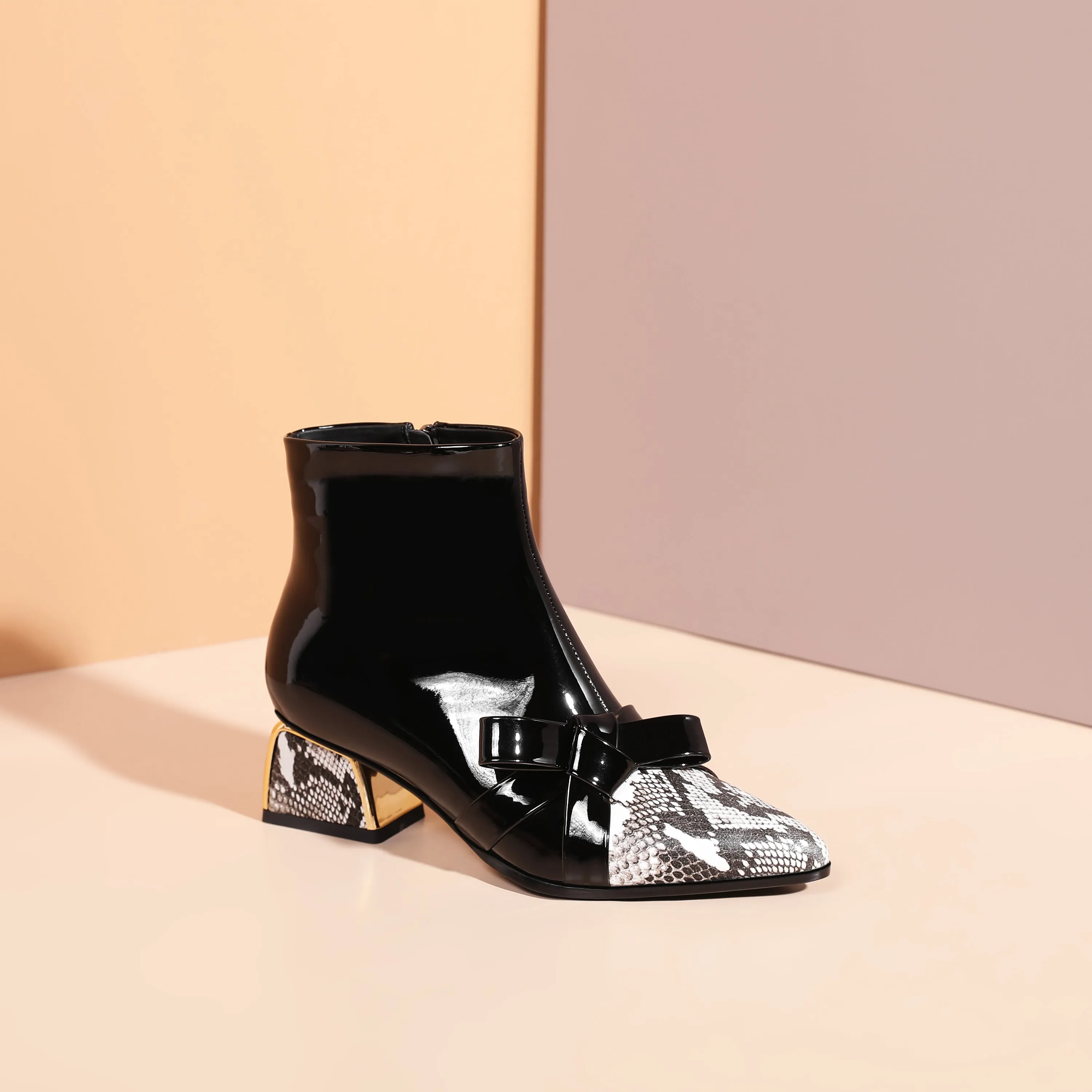 TinaCus Women's Handmade Glossy Patent Leather Side Zip Up Comfort Chunky Heel Bowknot Design Snakeskin Ankle Booties