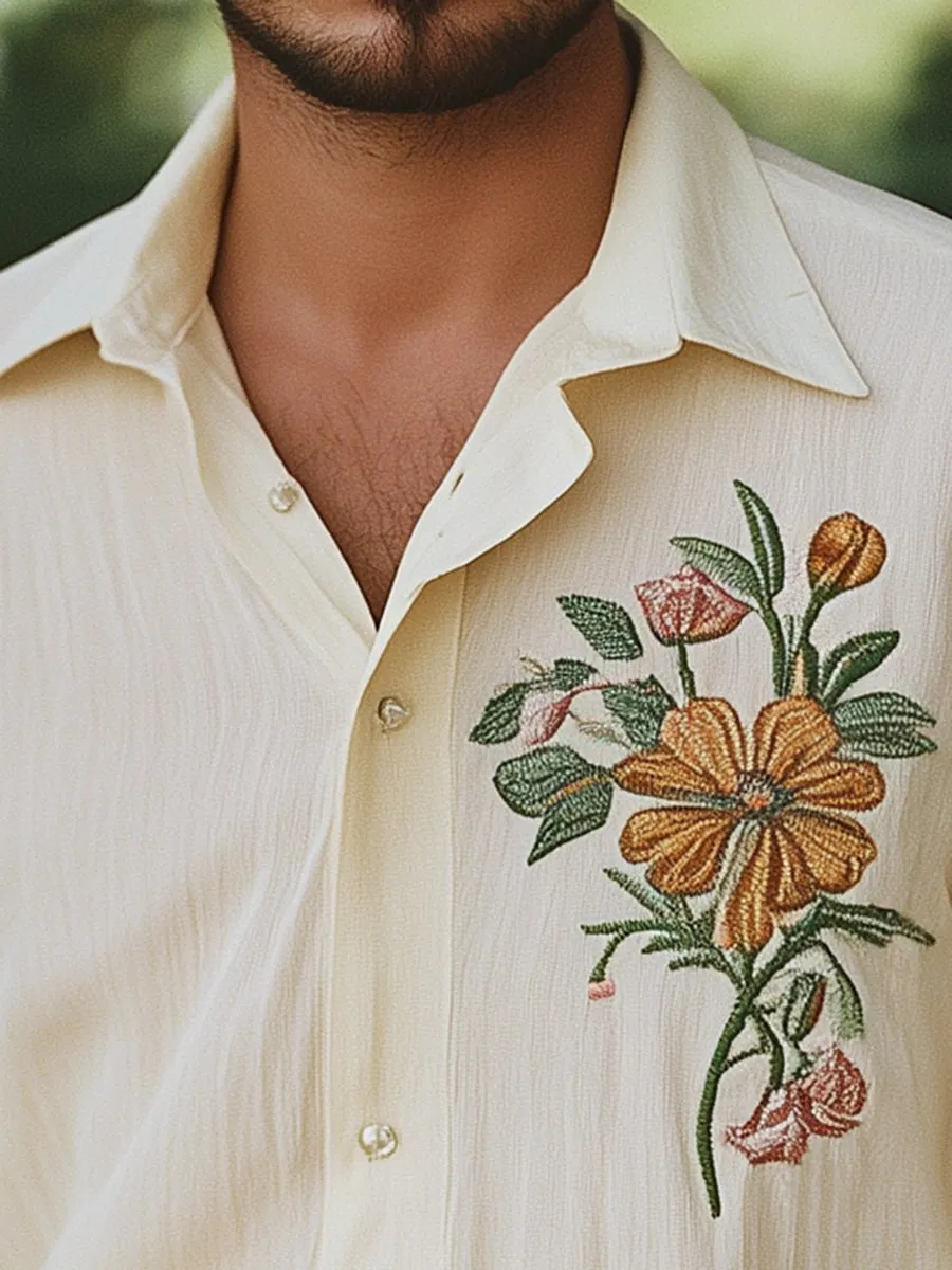 Vintage Gentleman Flower Embroidery Lapel Long Sleeve Shirt