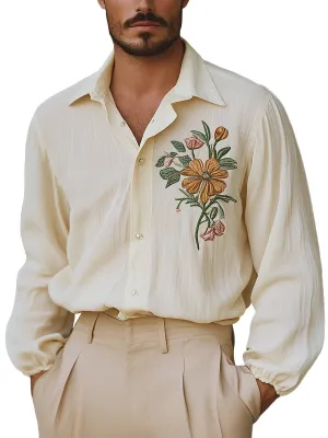 Vintage Gentleman Flower Embroidery Lapel Long Sleeve Shirt