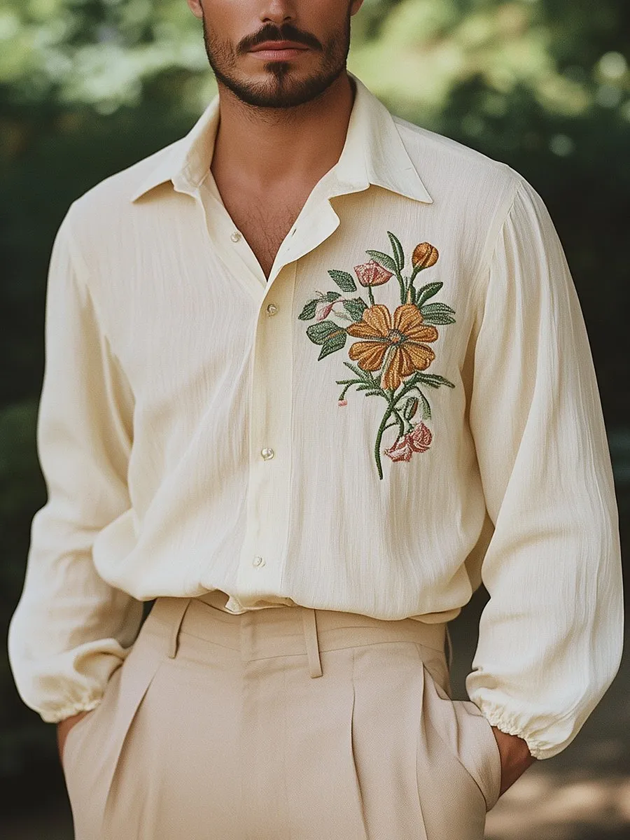Vintage Gentleman Flower Embroidery Lapel Long Sleeve Shirt