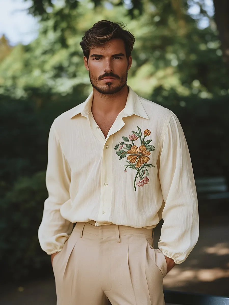 Vintage Gentleman Flower Embroidery Lapel Long Sleeve Shirt