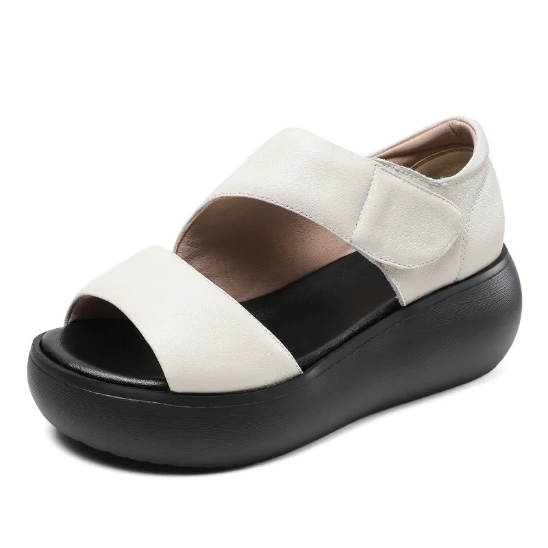 Women Minimalist Solid Leather Velcro Casual Sandals