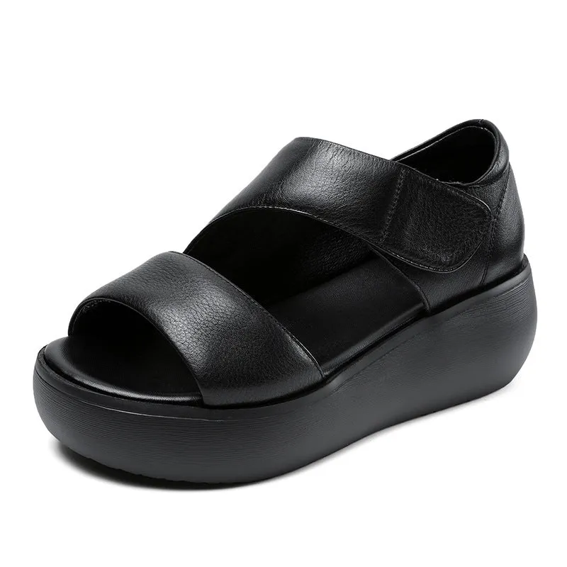 Women Minimalist Solid Leather Velcro Casual Sandals