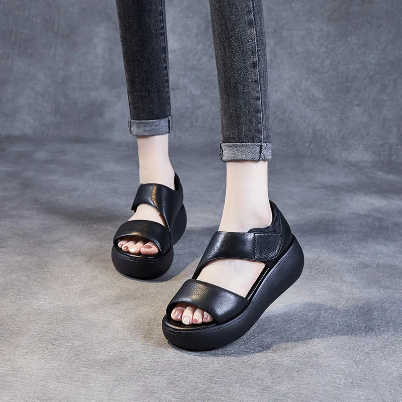 Women Minimalist Solid Leather Velcro Casual Sandals