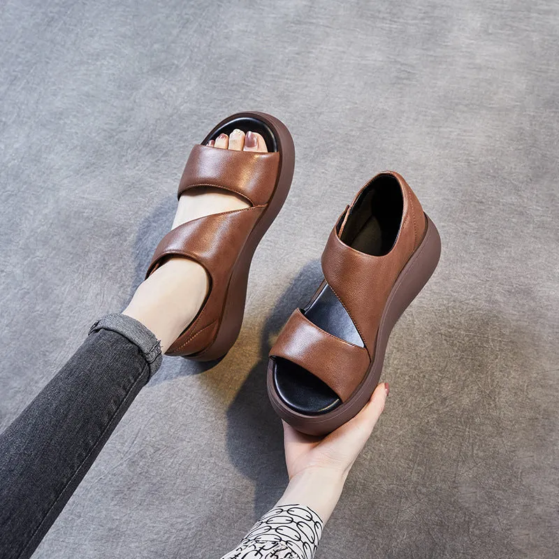 Women Minimalist Solid Leather Velcro Casual Sandals