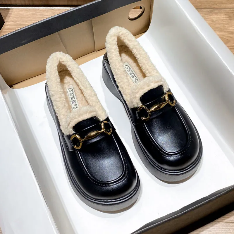 Women Retro Minimalist Furred Thick Soled Loafers