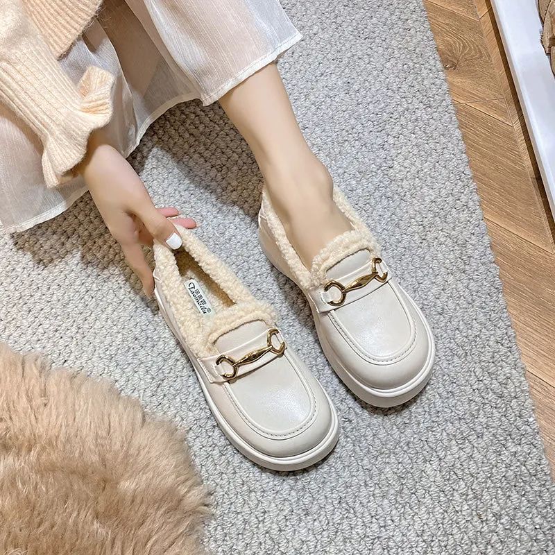 Women Retro Minimalist Furred Thick Soled Loafers