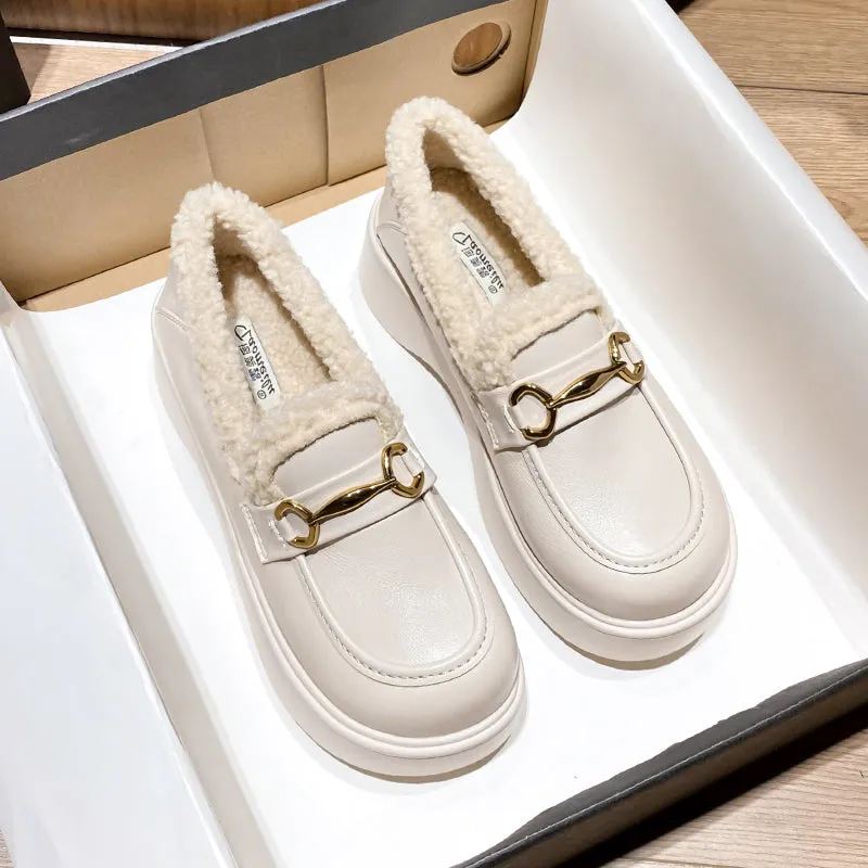 Women Retro Minimalist Furred Thick Soled Loafers