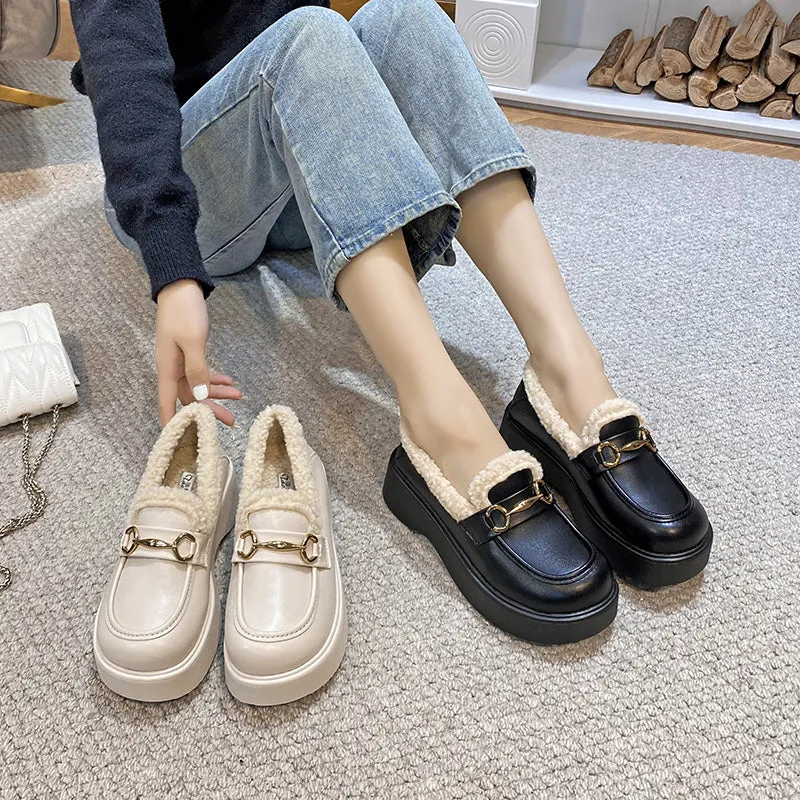 Women Retro Minimalist Furred Thick Soled Loafers