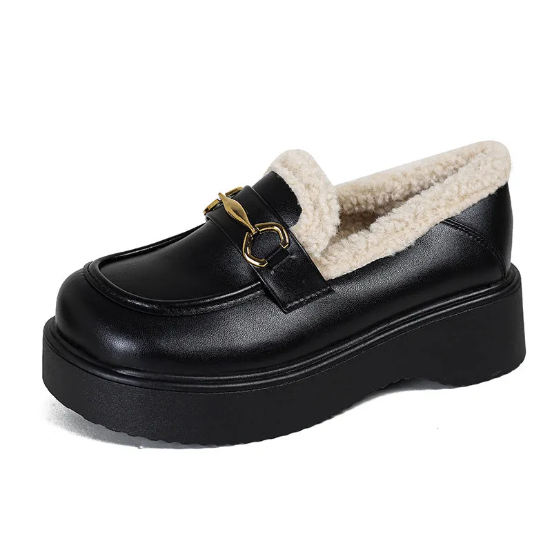 Women Retro Minimalist Furred Thick Soled Loafers