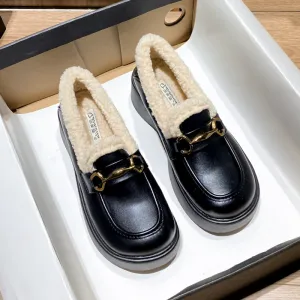 Women Retro Minimalist Furred Thick Soled Loafers