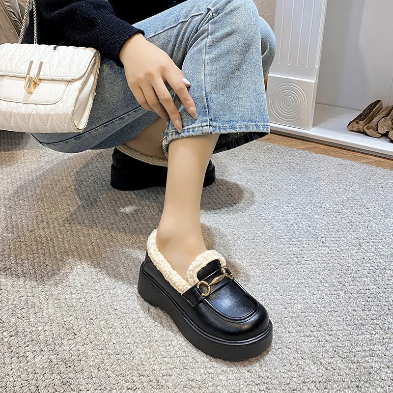 Women Retro Minimalist Furred Thick Soled Loafers