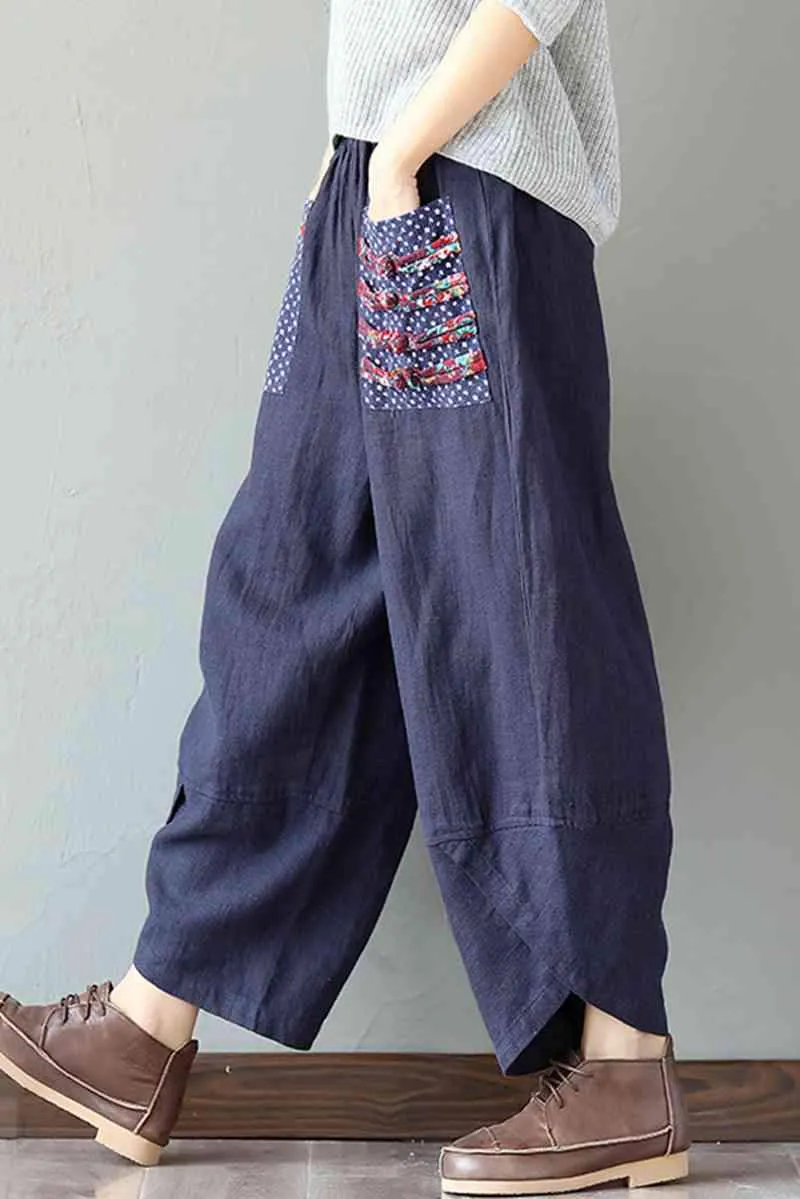 Women's Patchwork Wide Leg Linen Pants Trousers with Big Pockets