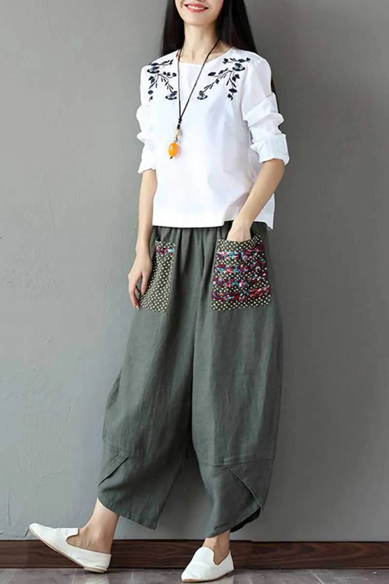 Women's Patchwork Wide Leg Linen Pants Trousers with Big Pockets