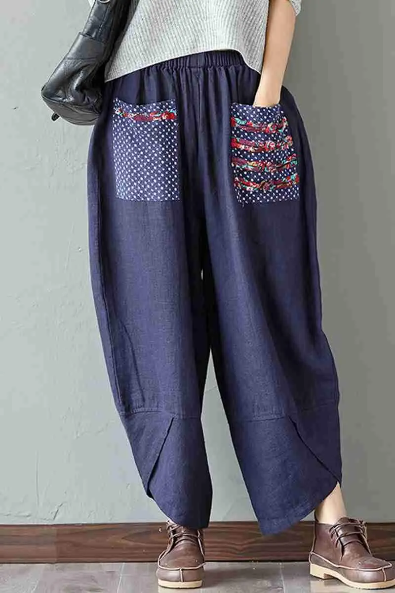 Women's Patchwork Wide Leg Linen Pants Trousers with Big Pockets