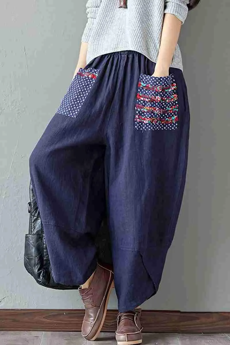Women's Patchwork Wide Leg Linen Pants Trousers with Big Pockets
