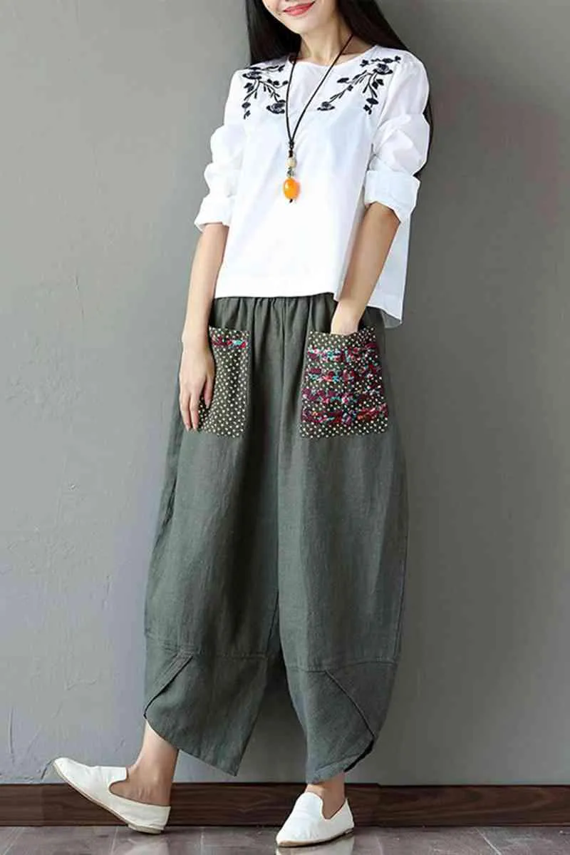 Women's Patchwork Wide Leg Linen Pants Trousers with Big Pockets