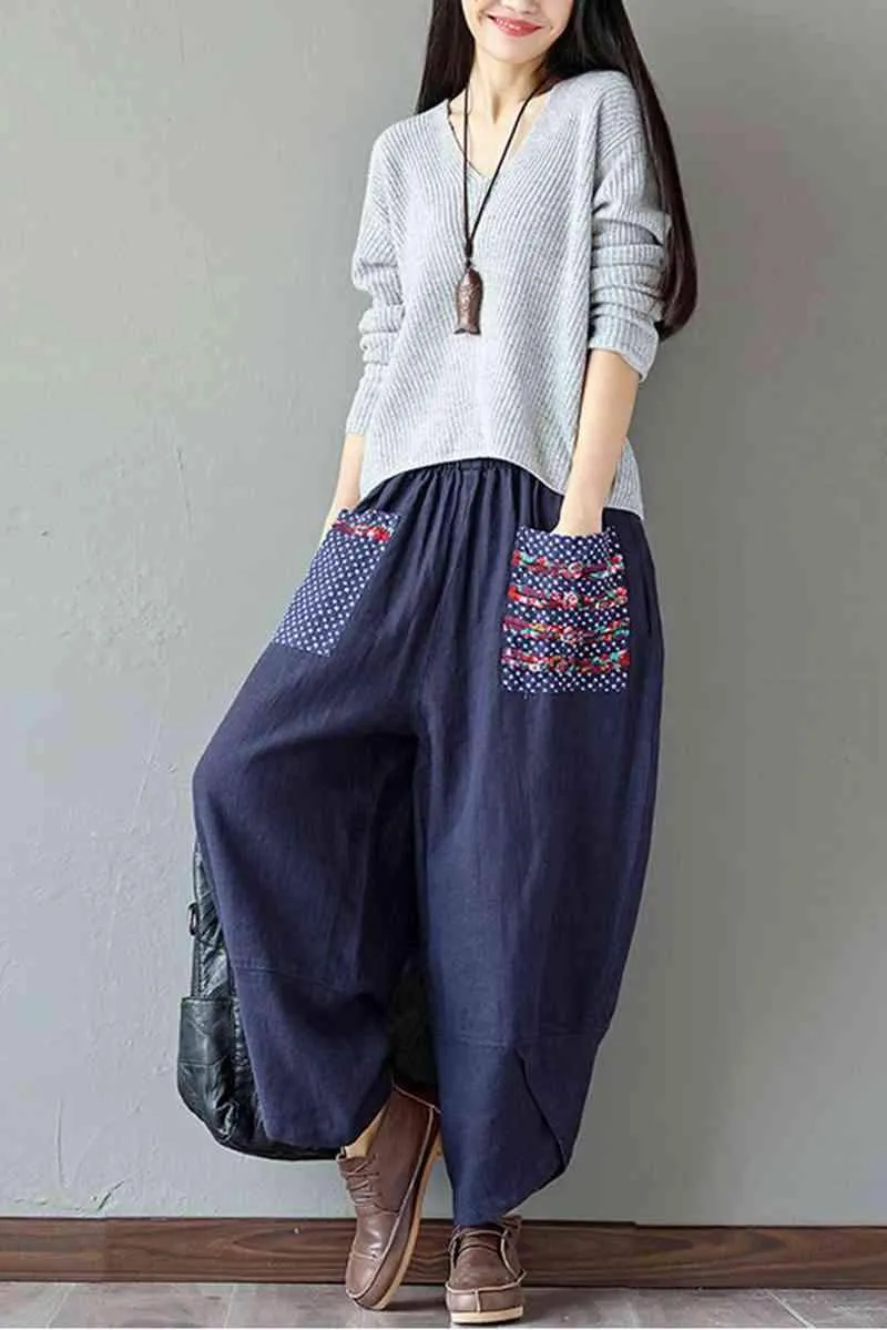 Women's Patchwork Wide Leg Linen Pants Trousers with Big Pockets