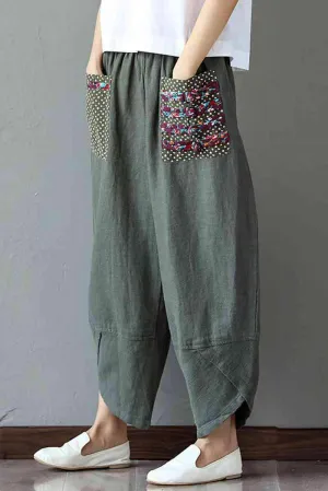 Women's Patchwork Wide Leg Linen Pants Trousers with Big Pockets