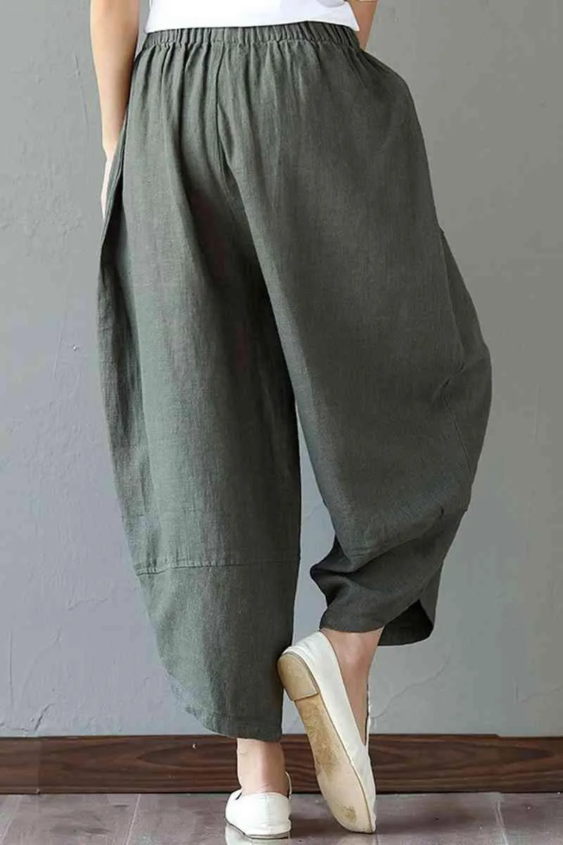 Women's Patchwork Wide Leg Linen Pants Trousers with Big Pockets