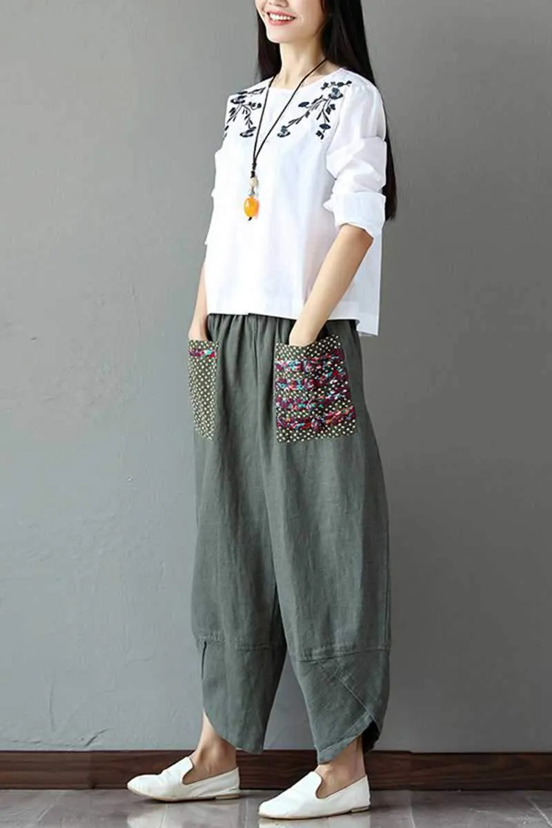 Women's Patchwork Wide Leg Linen Pants Trousers with Big Pockets