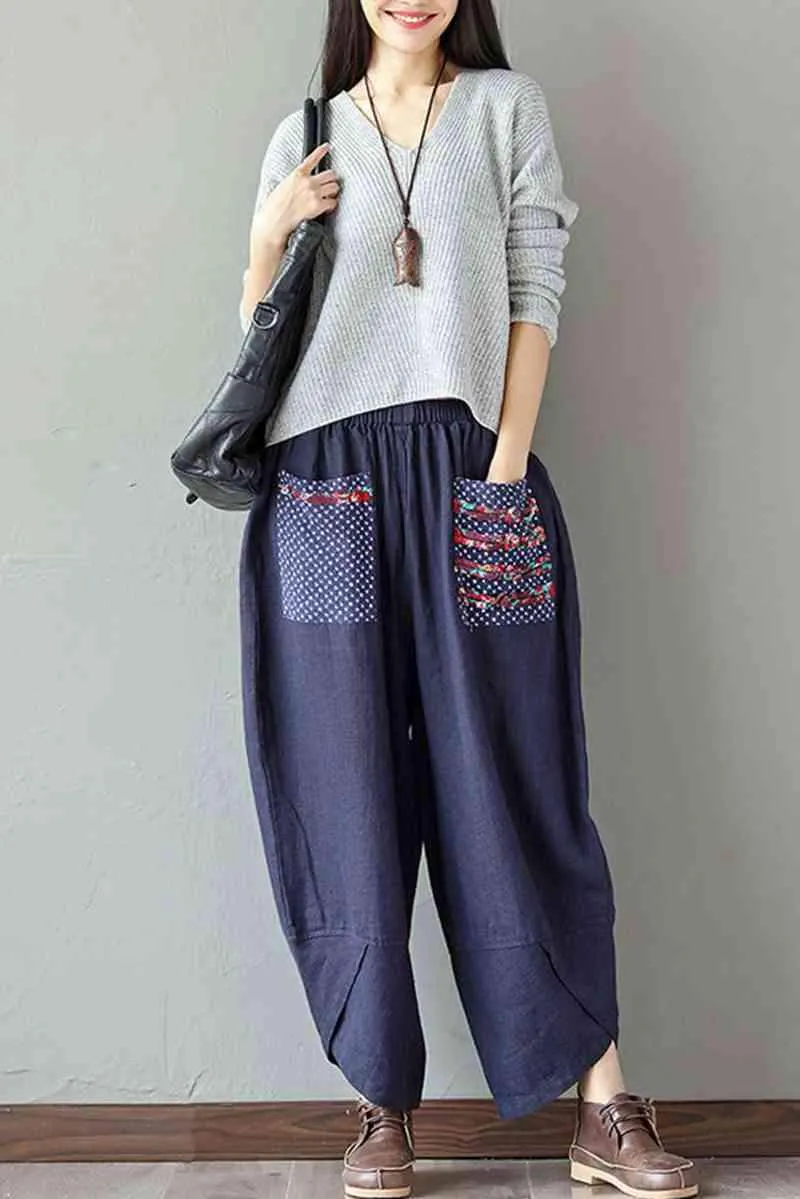 Women's Patchwork Wide Leg Linen Pants Trousers with Big Pockets