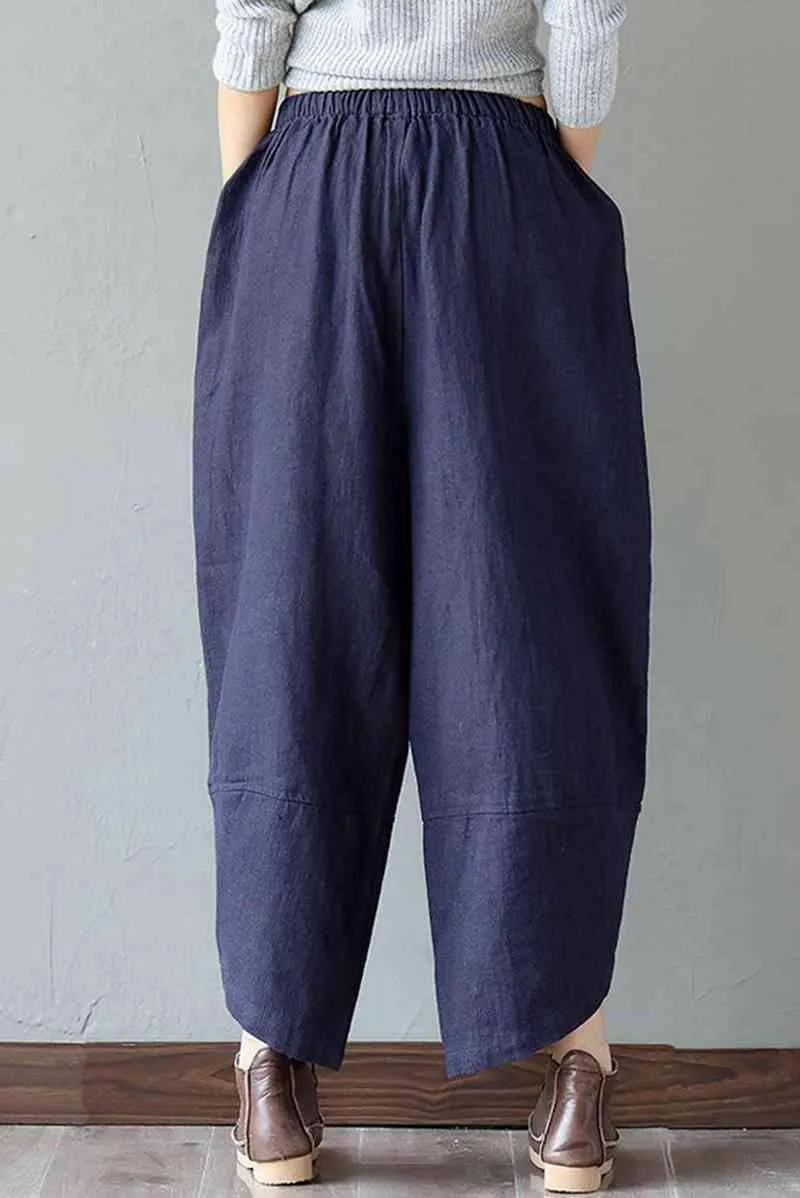 Women's Patchwork Wide Leg Linen Pants Trousers with Big Pockets