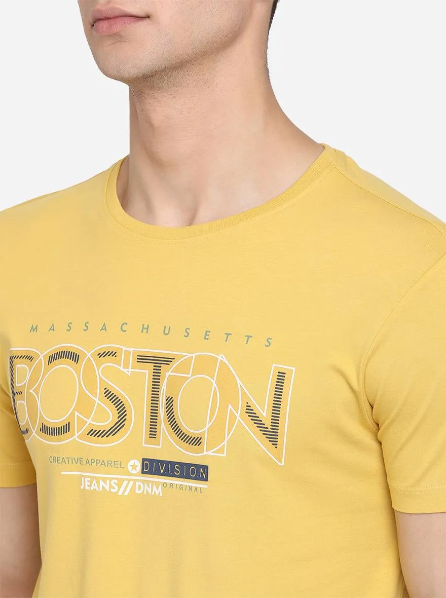 Yolk Yellow Printed Slim Fit T-Shirt | JadeBlue